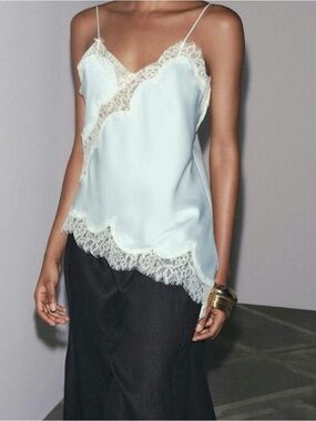 Zara Pale Blue Satin Lace-Trim Camisole